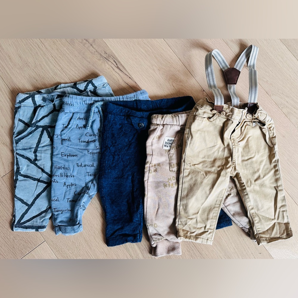5 pairs of pants size 3-6 months. All Zara and 1 OshKosh